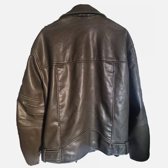 Zara Women XL Faux Leather Distressed Biker Jacket Charcoal Vegan Motorcycle - Picture 2 of 15